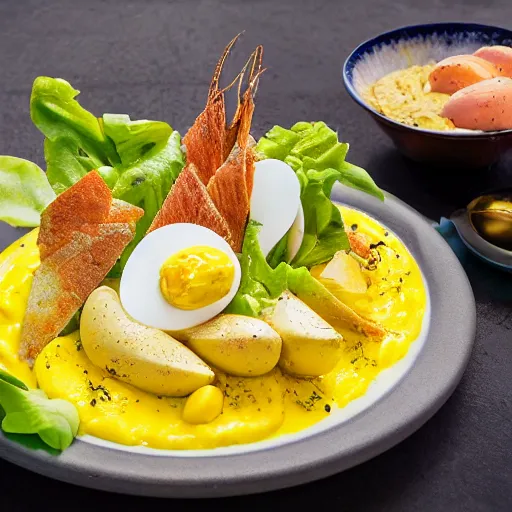 Prompt: aji de gallina, garnished with half boiled eggs and lettuce, michelin star restaurant, award winning photo, food photography, 4 k