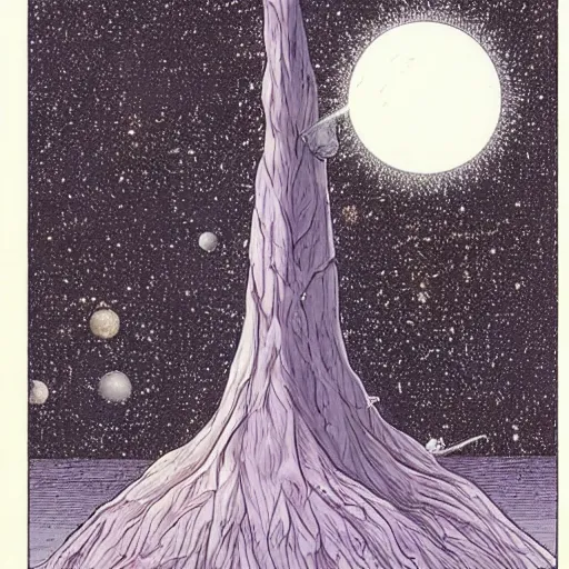 Image similar to a large tree growing from a large floating crystal in space, by moebius