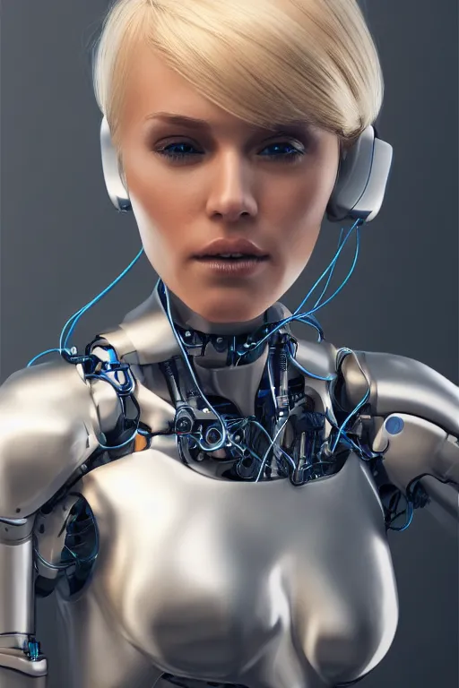 Image similar to a beautiful woman with blonde hair wearing robot suit with wires and light, highly detailed, photorealistic, artstation, smooth