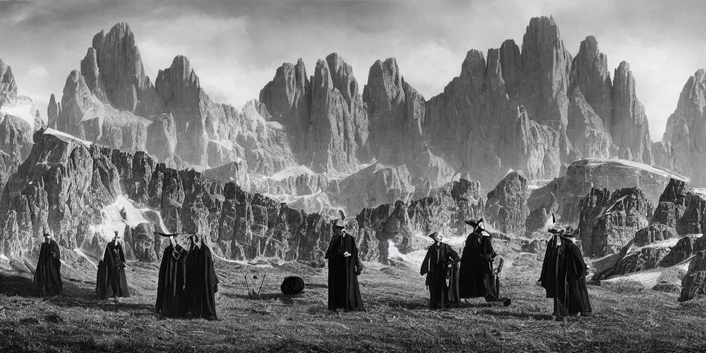 Image similar to 1920s photography of occult priests with hay coats and horn with dolomites in the background, occult signs, witch burning, solstice fire, alp, dolomites, alpine, detailed intricate insanely detailed octane render, 8k artistic 1920s photography, photorealistic, black and white, chiaroscuro, hd, by David Cronenberg, Raphael, Caravaggio