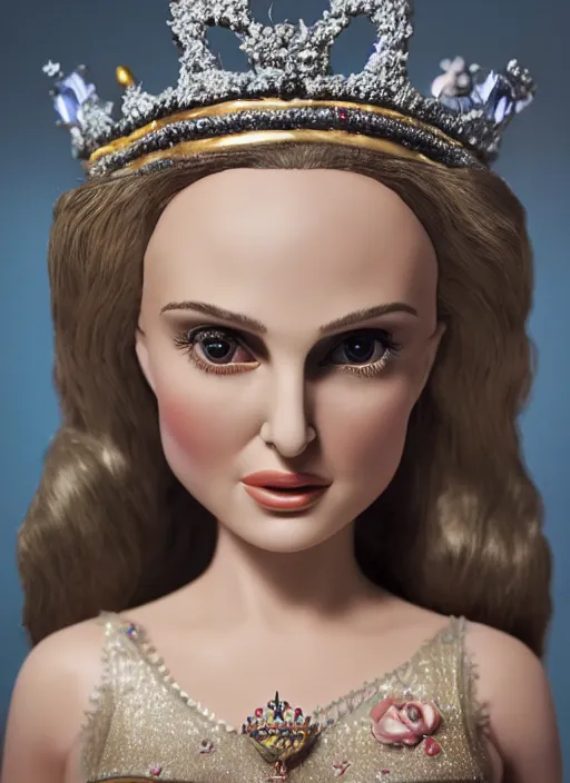 Image similar to closeup face profile portrait of tin toy natalie portman as a blonde fairytale princess wearing a crown eating cakes, bikini, depth of field, zeiss lens, detailed, symmetrical, centered, fashion photoshoot, by nicoletta ceccoli, mark ryden, lostfish, breathtaking, 8 k resolution, extremely detailed, beautiful, establishing shot, artistic, hyperrealistic, octane render