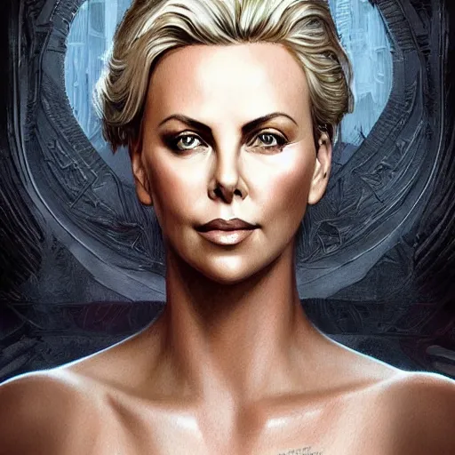 Prompt: a portrait of charlize theron as a sorceress, upper half portrait, urban motifs, intricate, elegant, highly detailed, digital painting, trending on artstation, concept art, smooth sharp focus, illustration, art by artgerm and greg rutkowski