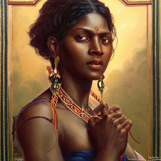 Image similar to portrait painting of a black muscular south indian woman, sari, ultra realistic, concept art, intricate details, eerie, horror, highly detailed, photorealistic, octane render, 8 k, unreal engine. art by artgerm and greg rutkowski and alphonse mucha