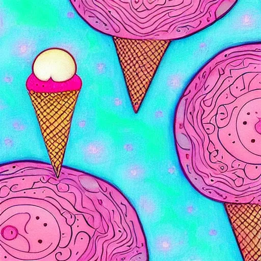 Prompt: happy smiling pink ice cream blue cone, intricate, high definition, beautiful mystical classic inspired painting