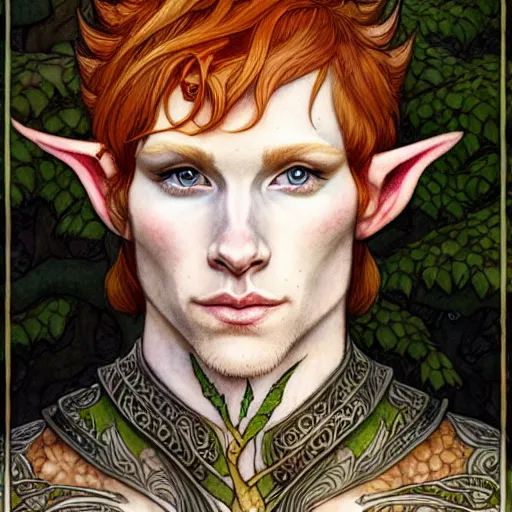 Prompt: portrait painting of an elven young man with short ginger hair and tree branch tattoos on his cheeks wearing fur armor, sharp focus, award - winning, trending on artstation, masterpiece, highly detailed, intricate. art by rebecca guay