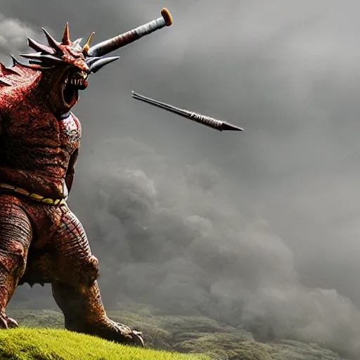 Image similar to Scots Highlander fighting godzilla