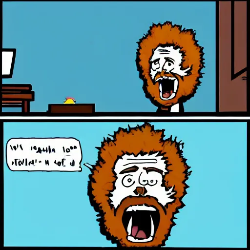 Image similar to angry bob ross screaming at laptop comic strip