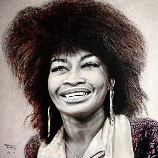 Image similar to a portrait of john wayne and tina turner daughter, she is smiling, highly realistic