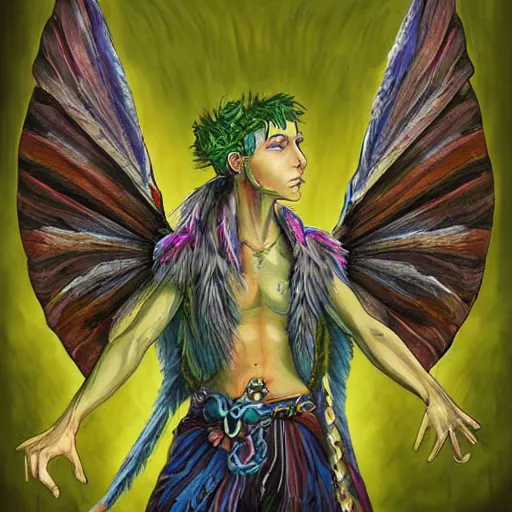 Prompt: A male fairy druid with hawk wings, D&D Art, Fantasy, Vibrant, painting by Tyler Jacobson