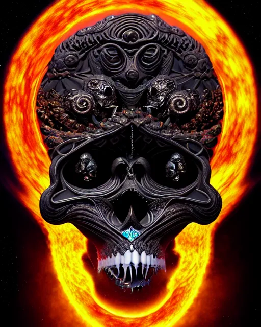 Image similar to 3 d ornate carved dark cosmic spirit with profile portrait, sigma 5 0 0 mm f / 5. beautiful intricate highly detailed quetzalcoatl skull. bioluminescent, plasma, lava, ice, water, wind, creature, thunderstorm! artwork by tooth wu and wlop and beeple and greg rutkowski, 8 k trending on artstation