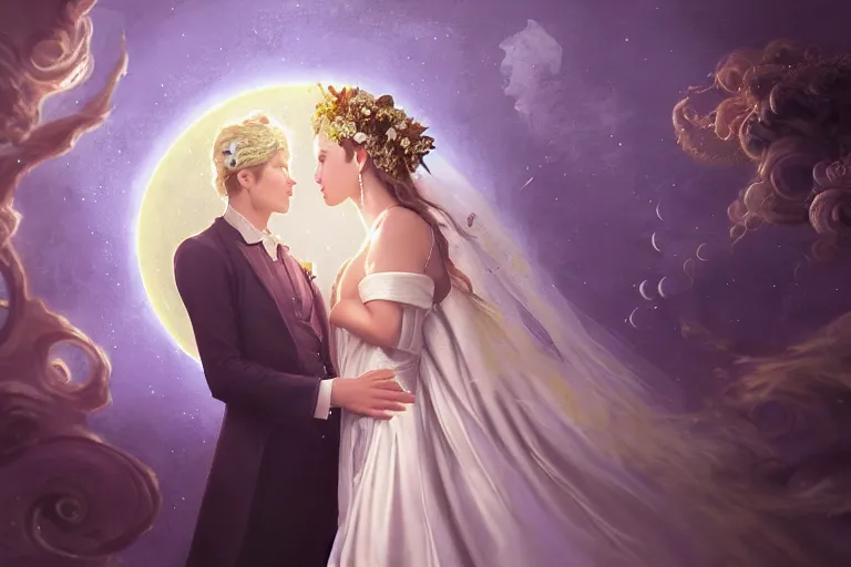 Image similar to a dreamlike cinematic portrait of wedding photograph close up moment of a divine a russia sun god and moon goddess lovers magician at a wedding banquet. portraiture. digital painting. artstation. concept art. fantasy wedding photo. digital painting, 8 k realistic, hyper detailed, violet evergarden art masterpiece by art by krenz cushart