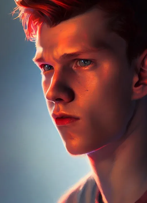 Image similar to portrait of tom holland with hazel eyes, hazel eyes, red shirt, intricate, elegant, glowing lights, highly detailed, digital painting, artstation, concept art, smooth, sharp focus, illustration, art by wlop, mars ravelo and greg rutkowski