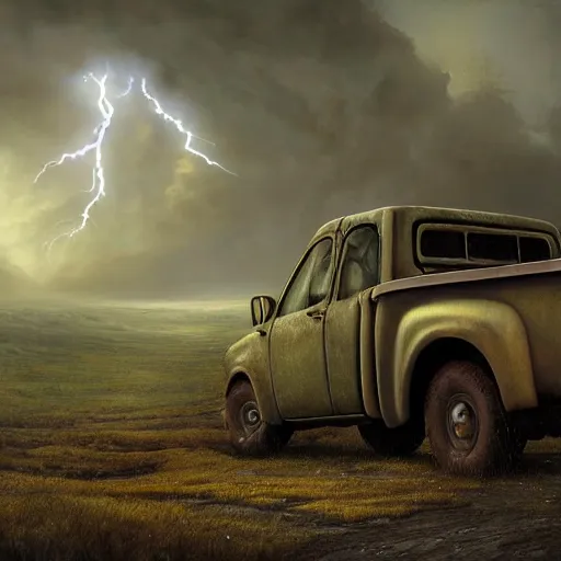 Image similar to a beautiful detailed realistic matte painting of a pick - up truck in a serene landscape with an eerie dark magic lightning portal to another dimension, by john howe and alexander skold and andreas rocha. vray, raytracing, detailed lighting, volumetric lighting, cinematic lighting, very wide shot, f 8