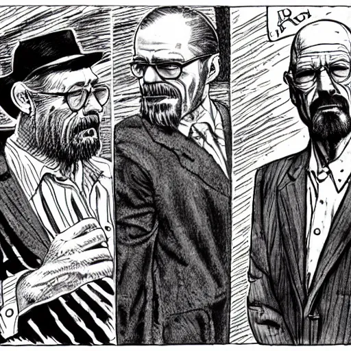 Prompt: The Artwork of R. Crumb and his Cheap Suit Breaking-Bad-Walter-White buying drugs, pencil and colored marker artwork, trailer-trash lifestyle