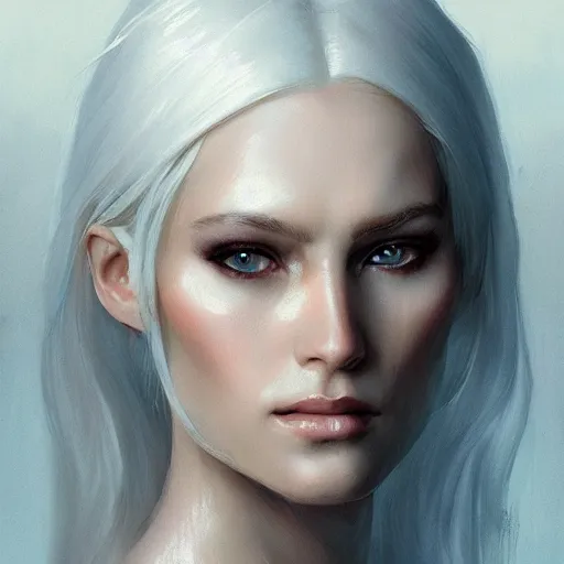 Prompt: an illustration of a beautiful pale woman with white hair, symmetrical face, greg rutkowski