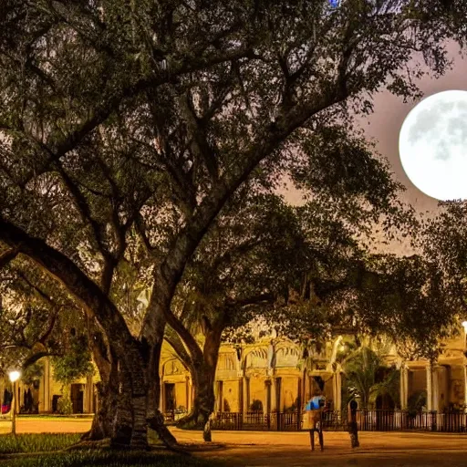 Prompt: a city park in Merida Yucatan Mexico with Ceiba trees and a full moon.