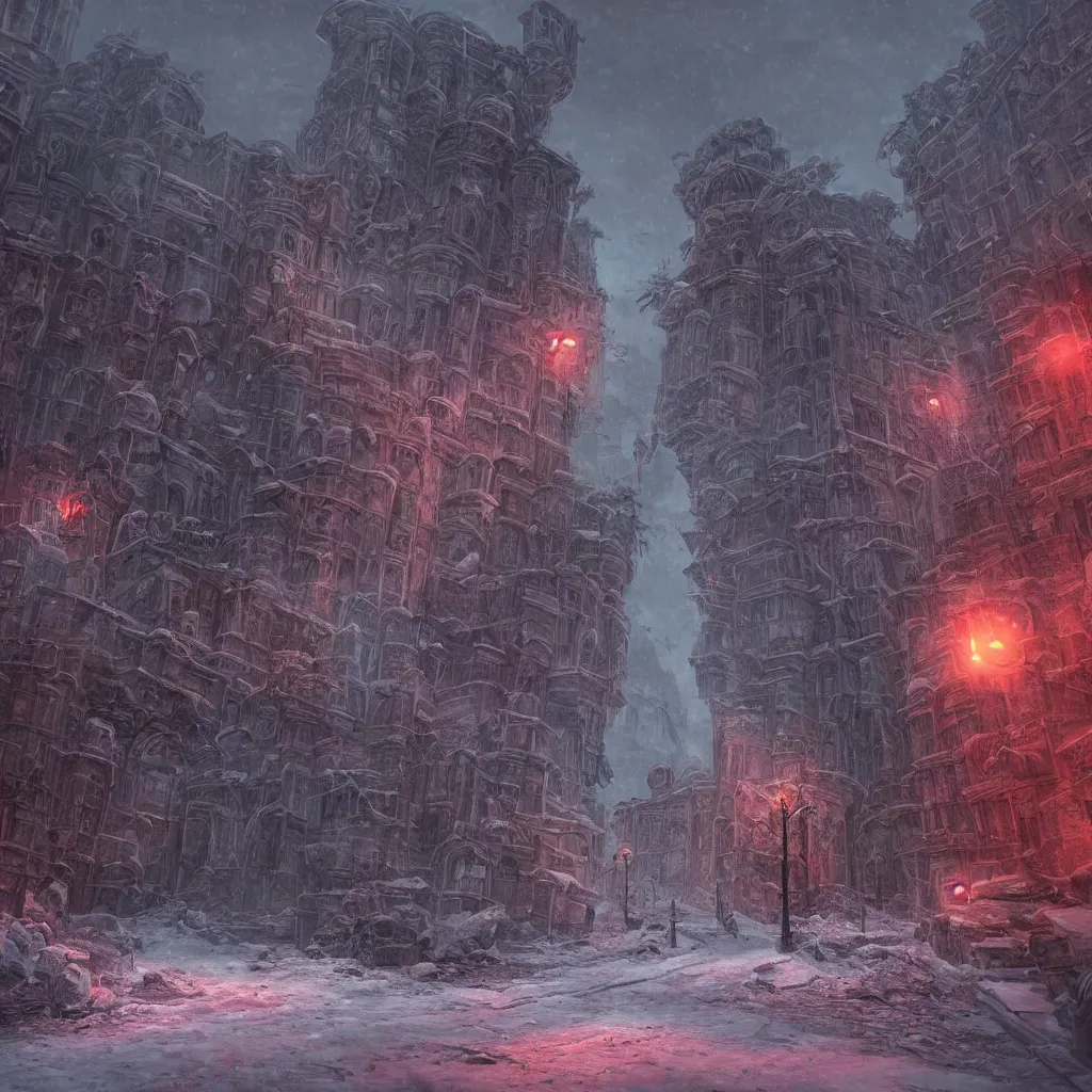 Image similar to a ruined city in the style of aetherpunk, a snowy street, huge red moon, global illumination, detailed and intricate environment, mysterious