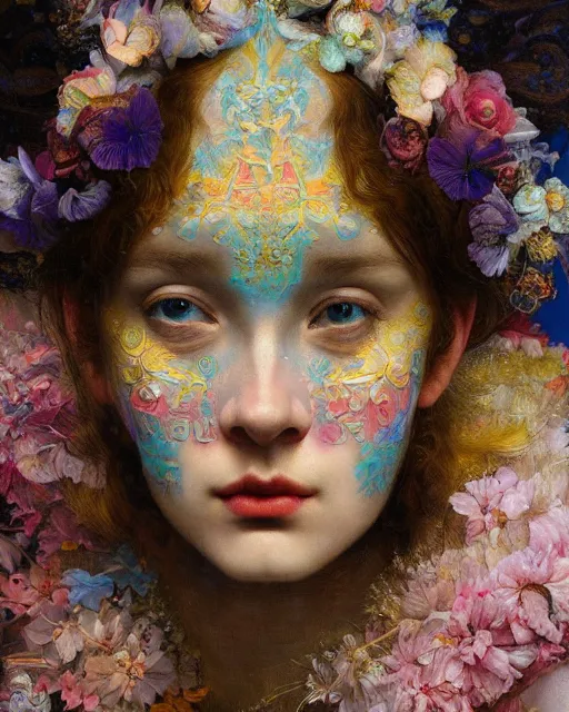 Image similar to a beautiful girl in the clouds wearing colourful face paint surrounded by colourful intricate patterns, by edgar maxence and caravaggio and michael whelan, intricate painting, hyper realistic, extremely detailed and beautiful aesthetic face, 8 k resolution