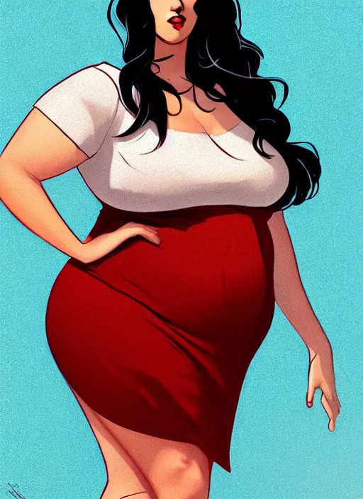 Image similar to full body portrait of teenage veronica lodge, obese, bangs, sultry, realistic, sultry smirk, wavy hair, red skirt, fat, belly, intricate, elegant, glowing lights, highly detailed, digital painting, artstation, concept art, smooth, sharp focus, illustration, art by wlop, mars ravelo and greg rutkowski