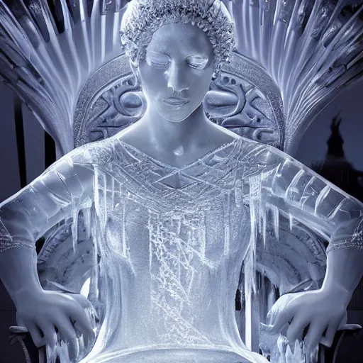 Image similar to an ice sculpture of a very detailed woman seated upon a throne Art Station, concept art, cinematic, 8k, Pinterest, cgsociety, hyper detailed, ultra realistic, epic, high resolution, post processing, ultra high quality, sci fi, sharp, 4k UHD, realistic, intricate, details, masterpiece, Deviant Art, Trending on Artstation, Unreal Engine 4k, octane render