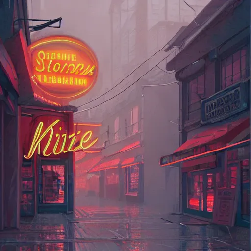 Prompt: movie scene of a store, lviv, a very misty day, a neon sign, by ian mcque ferdinand knab, makoto shinkai and lois van baarle, artgerm, pixar, ilya kuvshinov,, tom bagshaw, global illumination