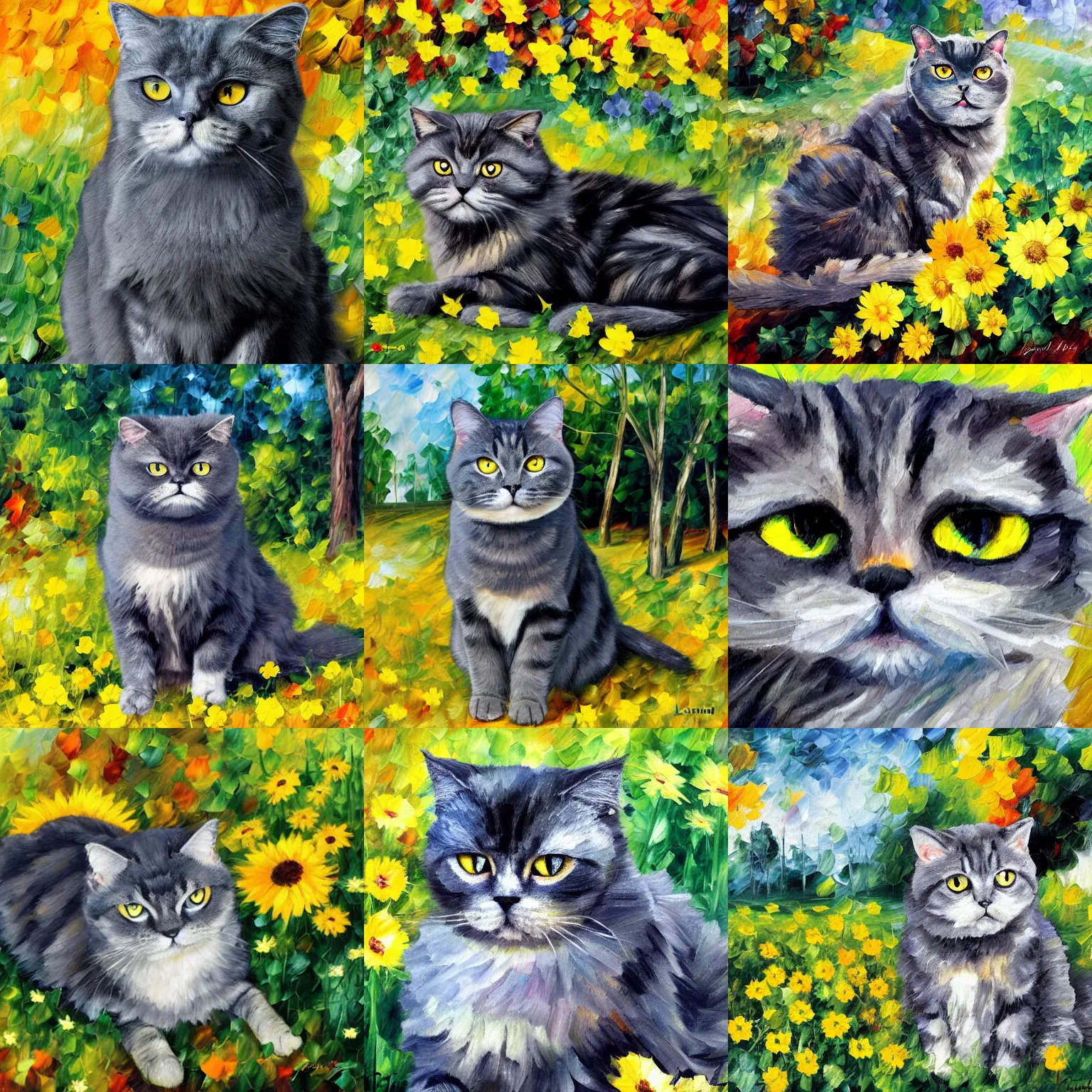 Prompt: a dark gray scottish fold cat, dark grey fur, yellow eyes, sitting in the middle of sunny meadow, by leonid afremov