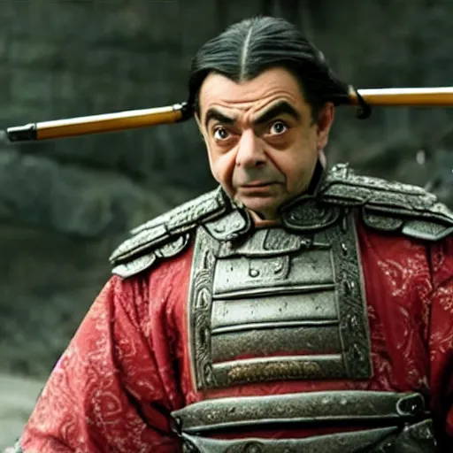 Image similar to an film still of rowan atkinson as samurai, cinematic, dramatic action