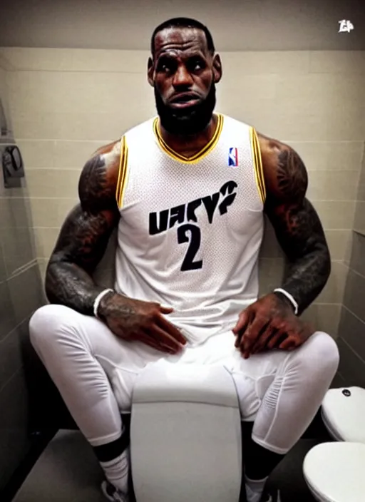 Prompt: instagram photo of lebron james stuck inside a toilet with only his head and shoulders out, bad quality, shaky camera, funny