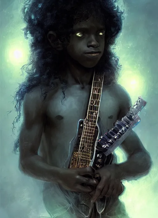 Image similar to fantasy changeling black kid with long curly hair playing electric guitar, half half, dim light, front game card, marvel comics, dark, intricate, highly detailed, smooth, artstation, digital illustration by ruan jia and mandy jurgens and artgerm and wayne barlowe and greg rutkowski and zdislav beksinski