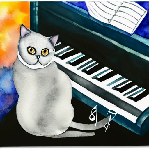 Image similar to grey british shorthair cat sitting playing piano keyboard with abstract musical note background detailed watercolor painting 4 k