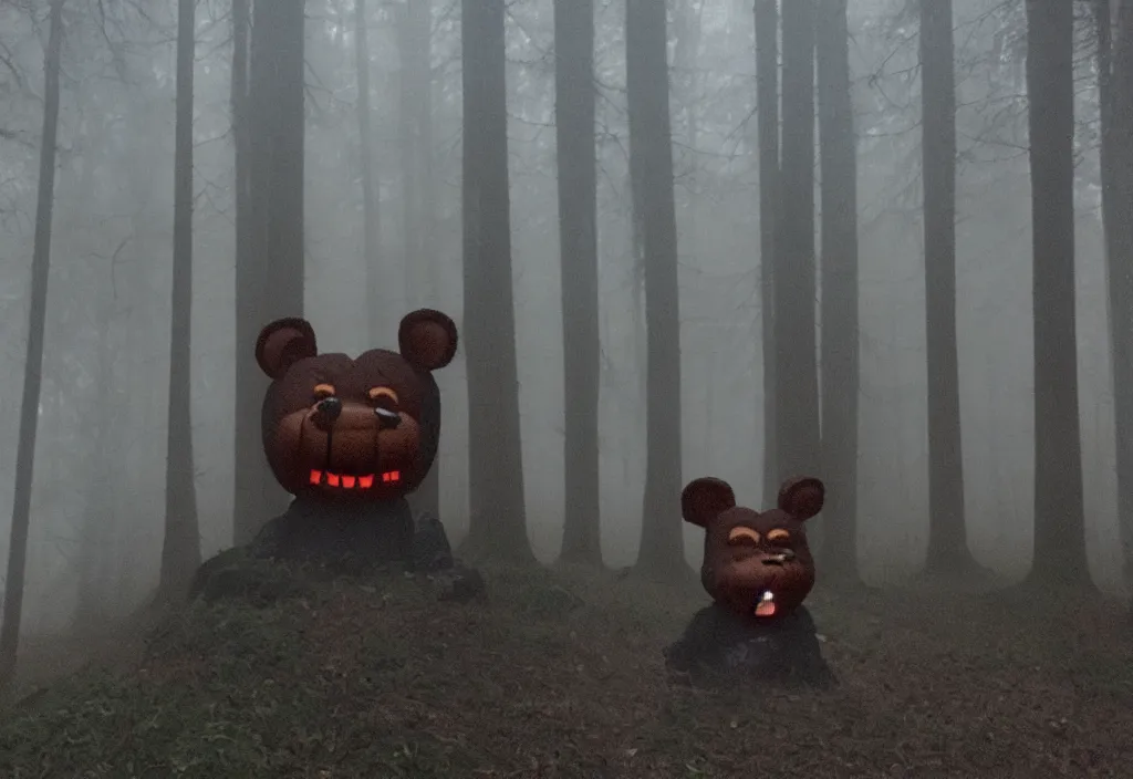 Image similar to low quality iphone photo of freddy fazbear standing ominously deep in the foggy woods with a demonic smile in his face, low visibility, grainy, creepy