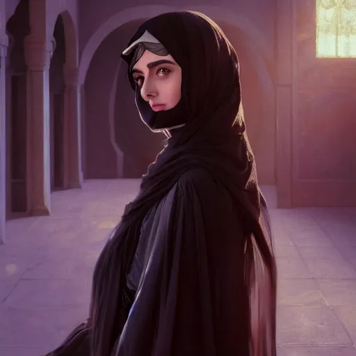 Image similar to a Photorealistic dramatic hyperrealistic render of an arab ameera al taweel, blue eyes, black hair, white veil,by WLOP,Artgerm,Greg Rutkowski,Alphonse Mucha, Beautiful dynamic dramatic dark moody lighting,shadows,cinematic atmosphere,Artstation,concept design art,Octane render,8K