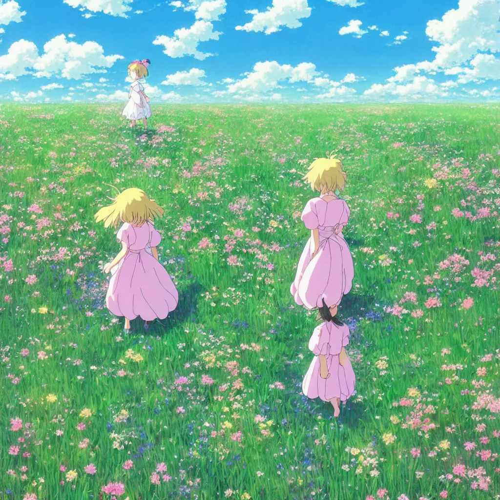 Image similar to little girl in princess dress, walking through a field of flowers, puffy clouds, beautiful, summer, calm, studio ghibli, art by hayao miyazaki, makoto shinkai