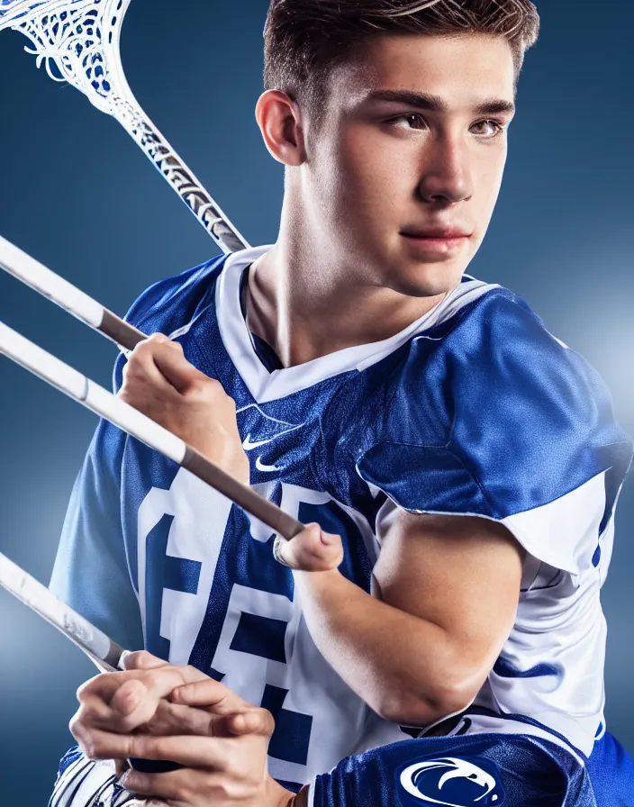 Image similar to closeup portrait of very beautiful cute male lacrosse player in a penn state stadium, glamour pose, particle effects, backlit, highly detailed, soft ambient lighting, sharp focus, rule of thirds, artgerm, wlop, arney freytag, rossdraws, frank frazetta, andrei riabovitchev, hd, octane, 4 k