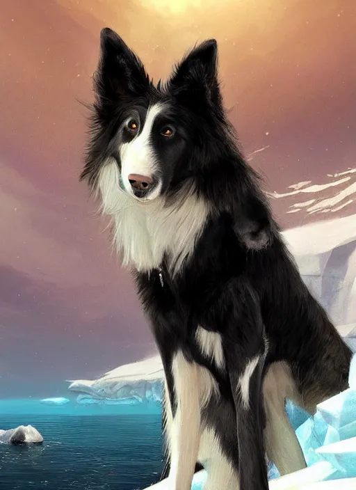 Image similar to beautiful portrait of a cute anthro male anthropomorphic border collie fursona wearing a swimsuit in antarctica. character design by charlie bowater, henry asencio, and ross tran. scenic background, detailed, glamor pose, aesthetic, furry, trending on artstation, top rated on furaffinity and deviantart