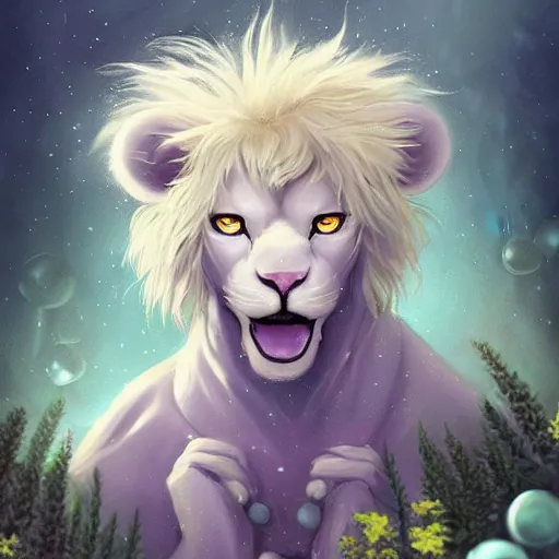 Image similar to aesthetic overhead photo portrait commission of a albino male furry anthro lion lying on a perfect lavender garden like a bed with bubbles surrounding him while wearing a cute mint colored cozy soft pastel winter outfit with pearls on it, winter Atmosphere. Character design by charlie bowater, ross tran, artgerm, and makoto shinkai, detailed, inked, western comic book art, 2021 award winning painting