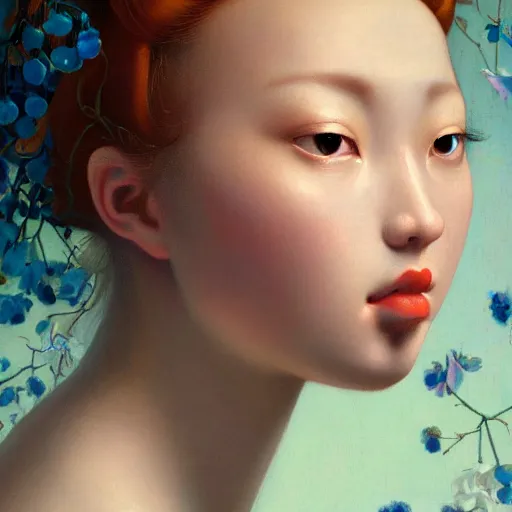Prompt: a closeup portrait of one beautiful kpop goddess with swirling coloured hair and a wall of flowers behind her, painted by botticelli, rachel ruysch, vermeer and ambrosius bosschaert, hyperrealism, dark, dramatic lighting, analogous complementary colour scheme, trending in artstation, octane, rendered