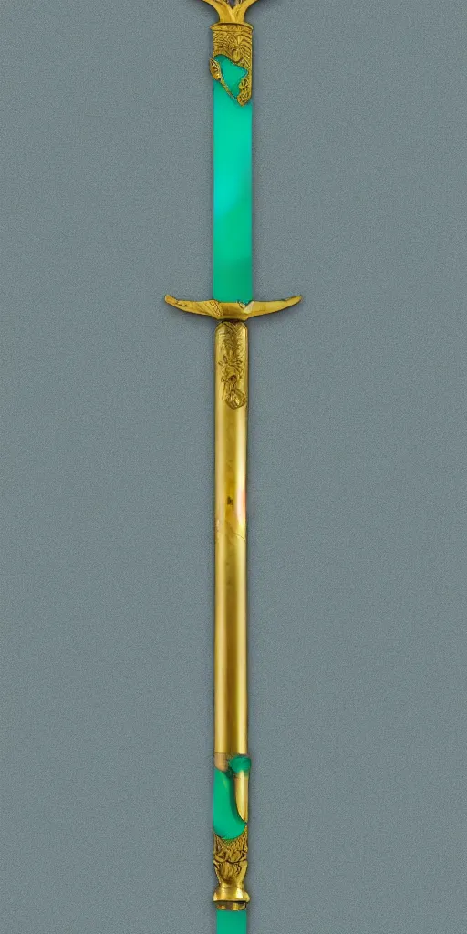 Image similar to photograph of a wide green and teal crystal sword blade attached to a big gold sword hilt