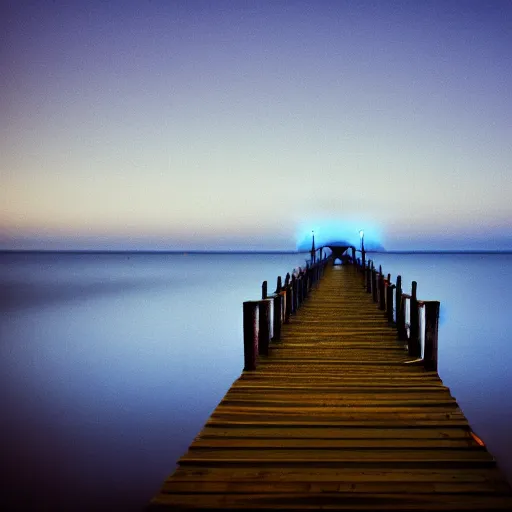 Image similar to a blurry photo of a a pier with lights during the blue hour, a tilt shift photo by ian spriggs, featured on flickr, modular constructivism, long exposure, multiple exposure, soft mist