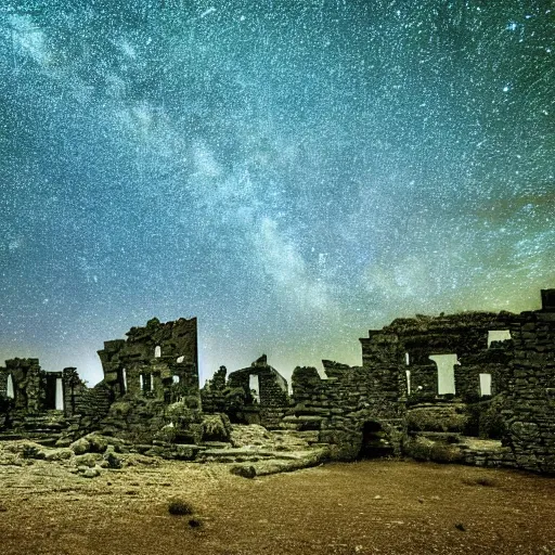 Image similar to the ruins of a village made out of stone in a forest of blue trees at night, a night sky filled with stars