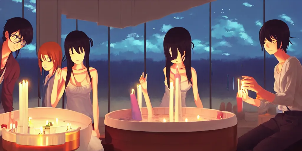 Prompt: a party at midnight, modern indoors, bay area, candles, hot tub, friendship, hope, art by makoto shinkai