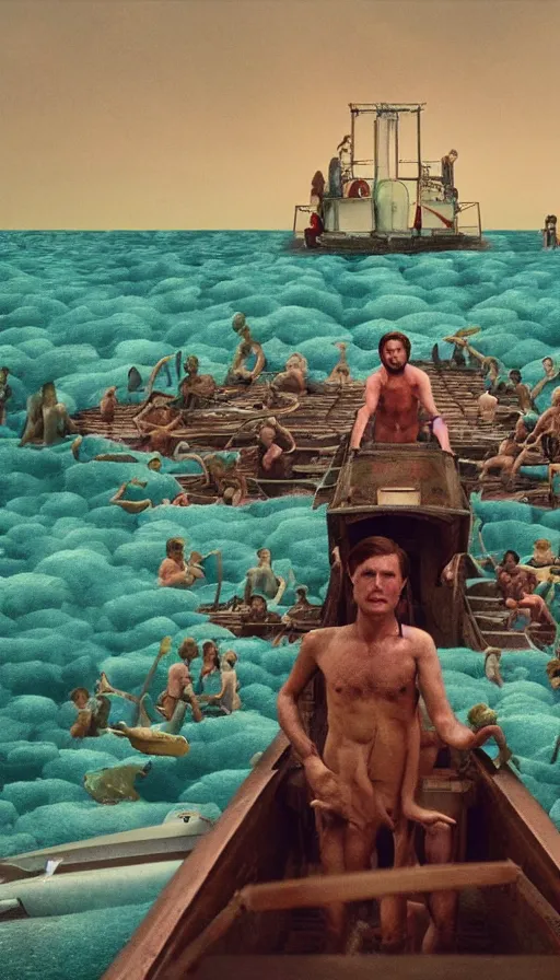 Prompt: man on boat crossing a body of water in hell with creatures in the water, sea of souls, by wes anderson,