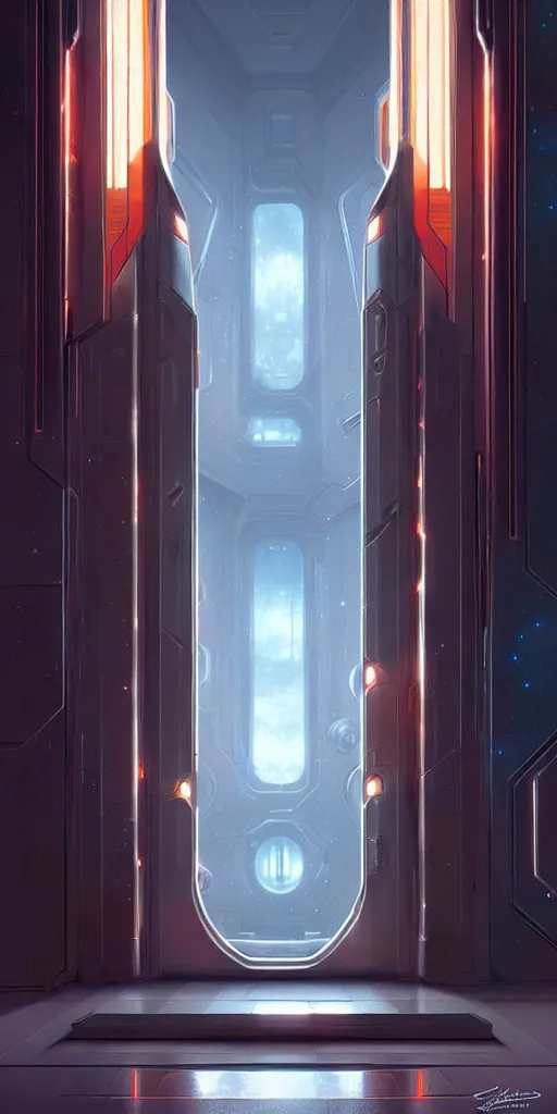 Image similar to hyper realistic art - deco sci - fi double door by jordan grimmer, darek zabrocki