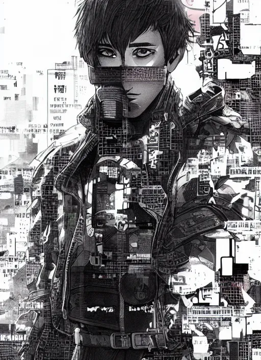 Prompt: manga cover, teenage jake gyllenhaal, techwear fashion, intricate cyberpunk city, emotional lighting, character illustration by tatsuki fujimoto