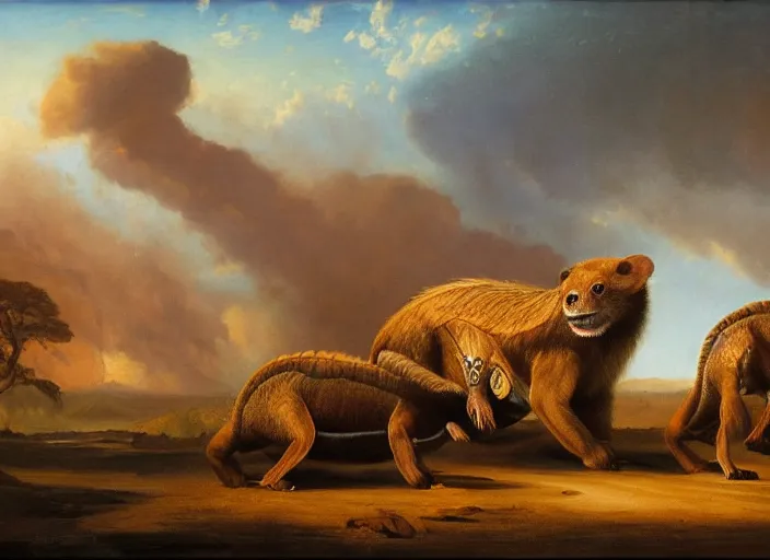 Image similar to the first mammals start to appear after the long impact winters, mammals such as the morganucodontids explore the new lands of the paleogene era of earth, in the style of hudson river school of art, oil on canvas