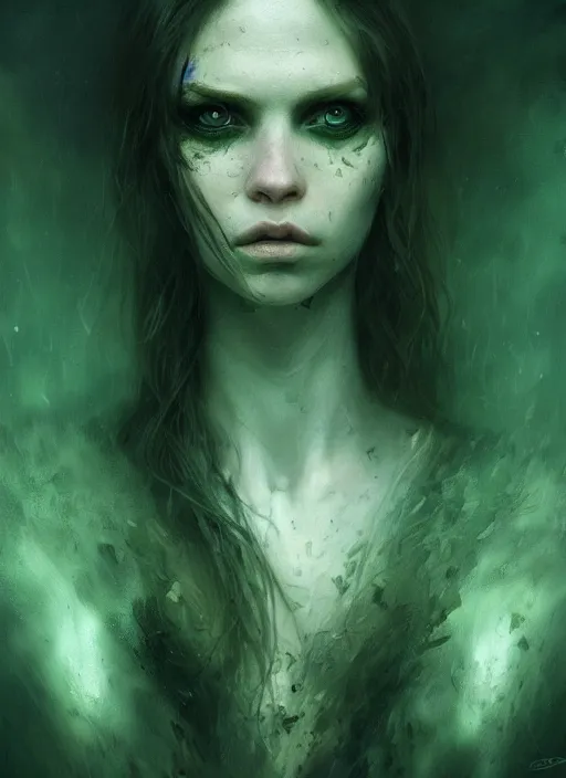 Image similar to portrait of a ominous girl, perfect green eyes, detailed reptile skin, ultra realistic, cinematic lighting, depth of field, artstation, Seb McKinnon