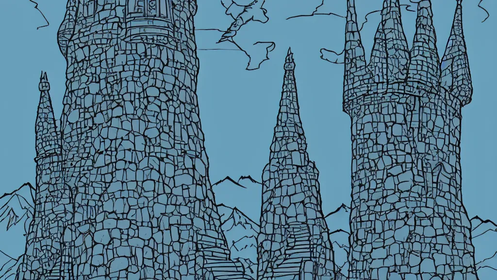 Image similar to wizard tower surrounded by mountains, lineart colored