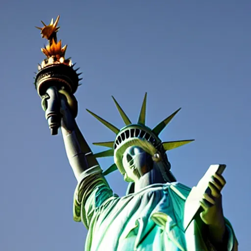 Prompt: the statue of liberty comes alive and invades new york city