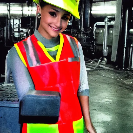 Image similar to photo, close up, ariana grande in a hi vis vest, in tyson slaughterhouse, android cameraphone, 2 6 mm,