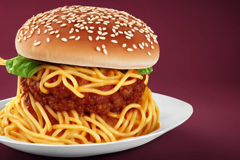 Prompt: mcdonalds spaghetti burger, commercial photography